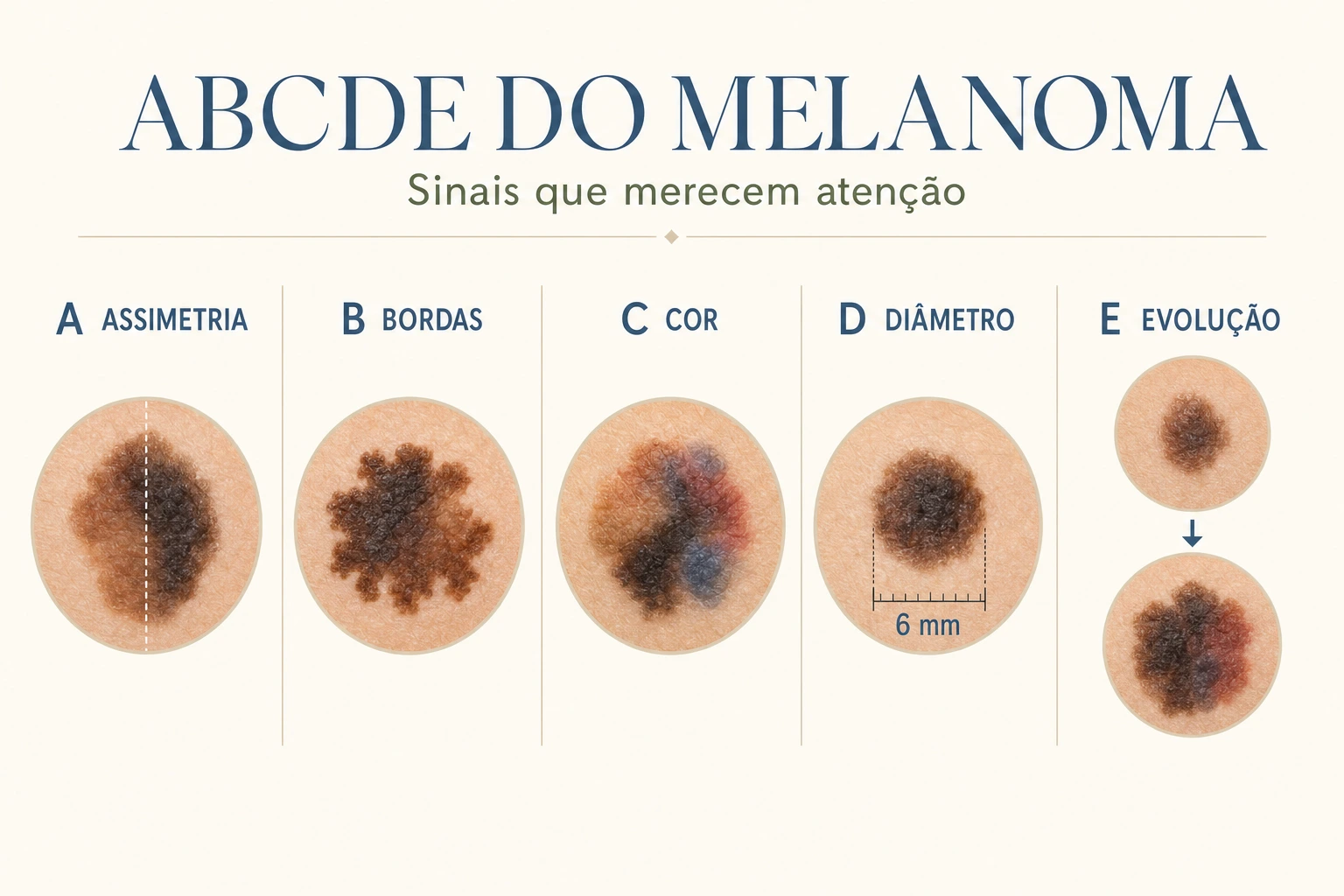 Ilustração da regra ABCDE do melanoma: assimetria, bordas irregulares, variação de cor, diâmetro de 6 milímetros e evolução da lesão.